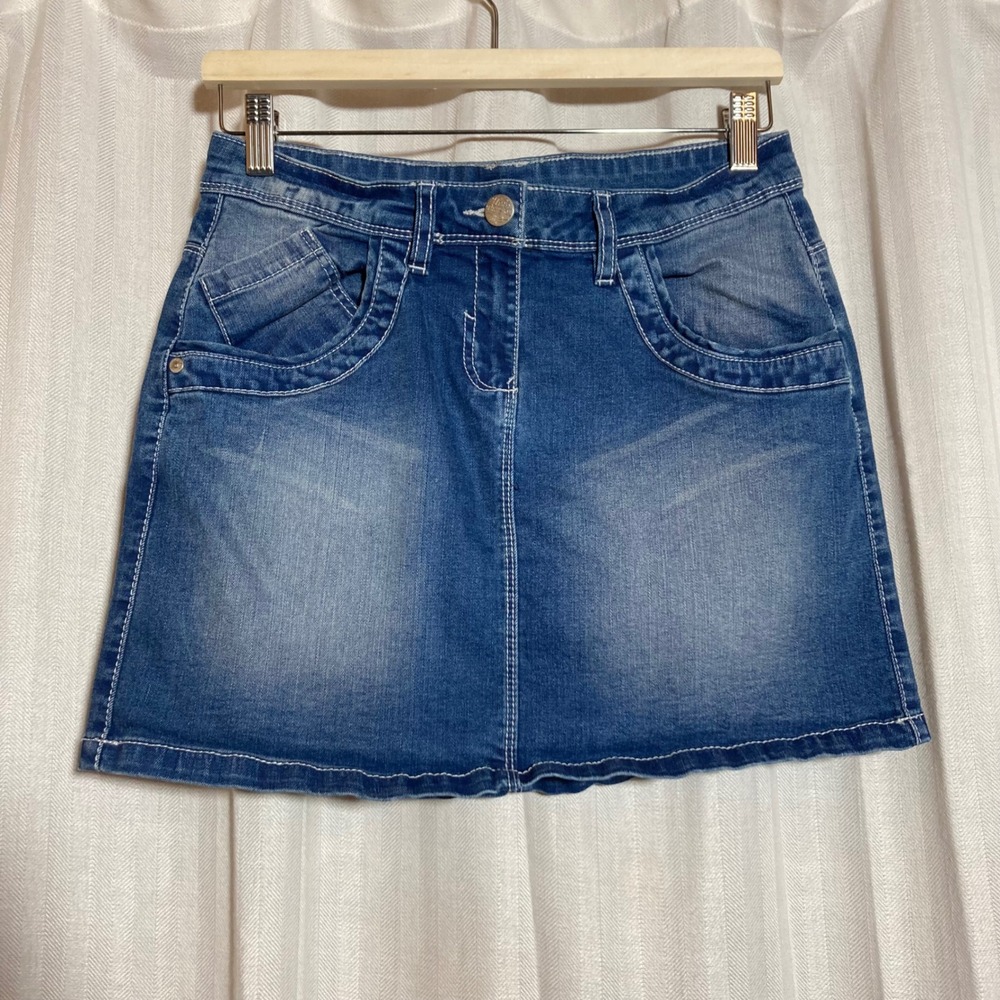 Denim Mini Skirt ‎ C&A Here+There Medium Wash Contrast Stitch Blue Womens Small